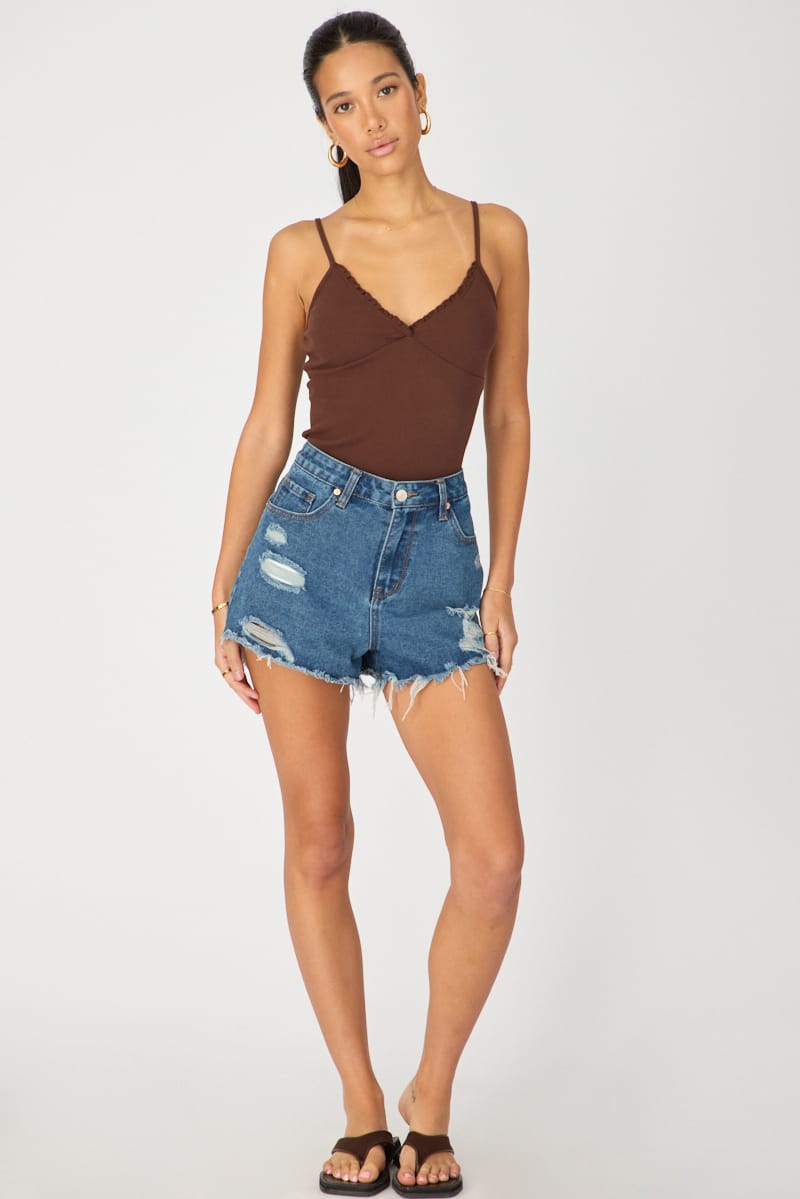 Denim Relaxed Shorts Mid Rise Distressed Detail for Ally Fashion