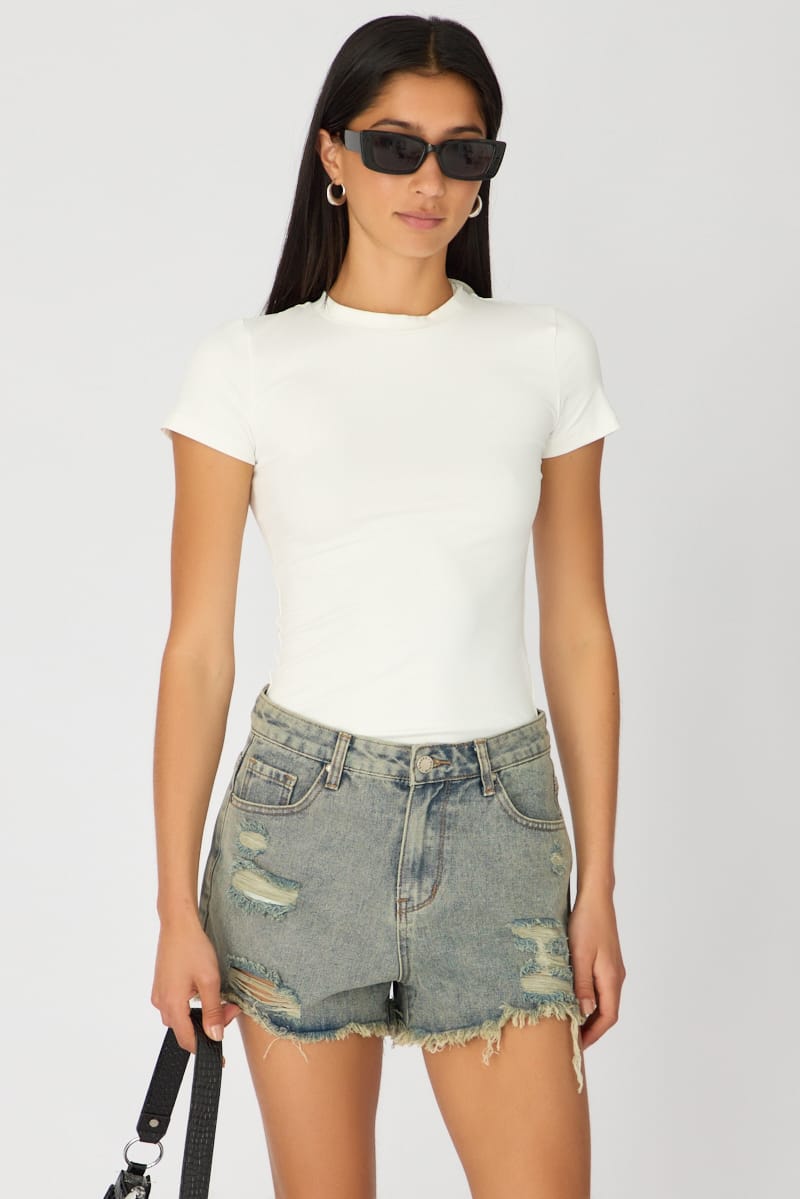 Grey Relaxed Shorts Mid Rise Distressed Detail for Ally Fashion