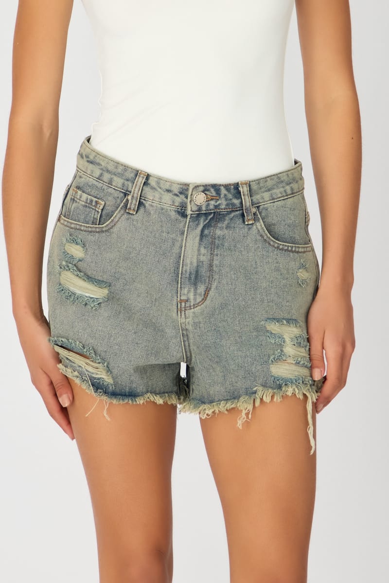 Grey Relaxed Shorts Mid Rise Distressed Detail for Ally Fashion