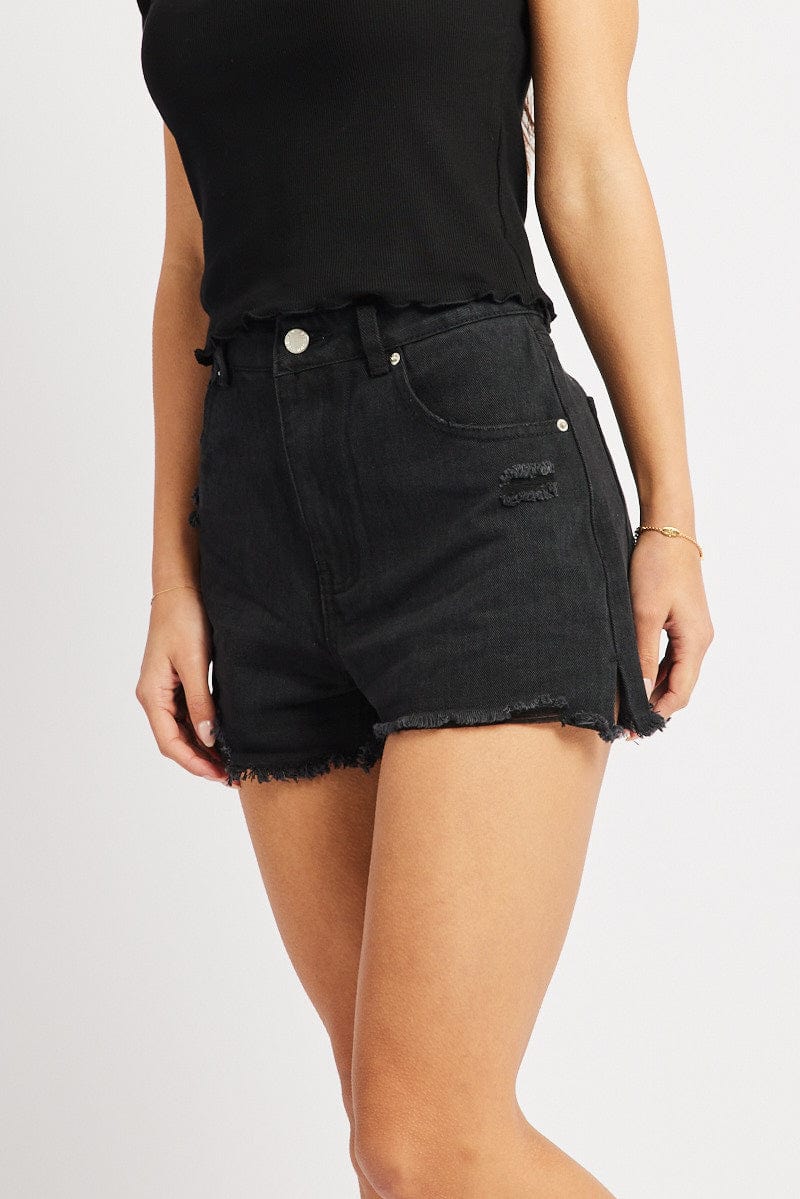 Black Denim Short High Rise Ripped for Ally Fashion