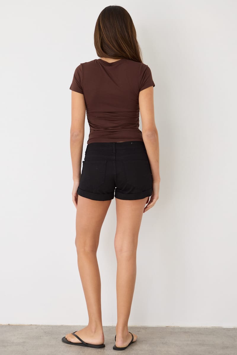 Black Roll-up Shorts Mid Rise Stretch Denim for Ally Fashion