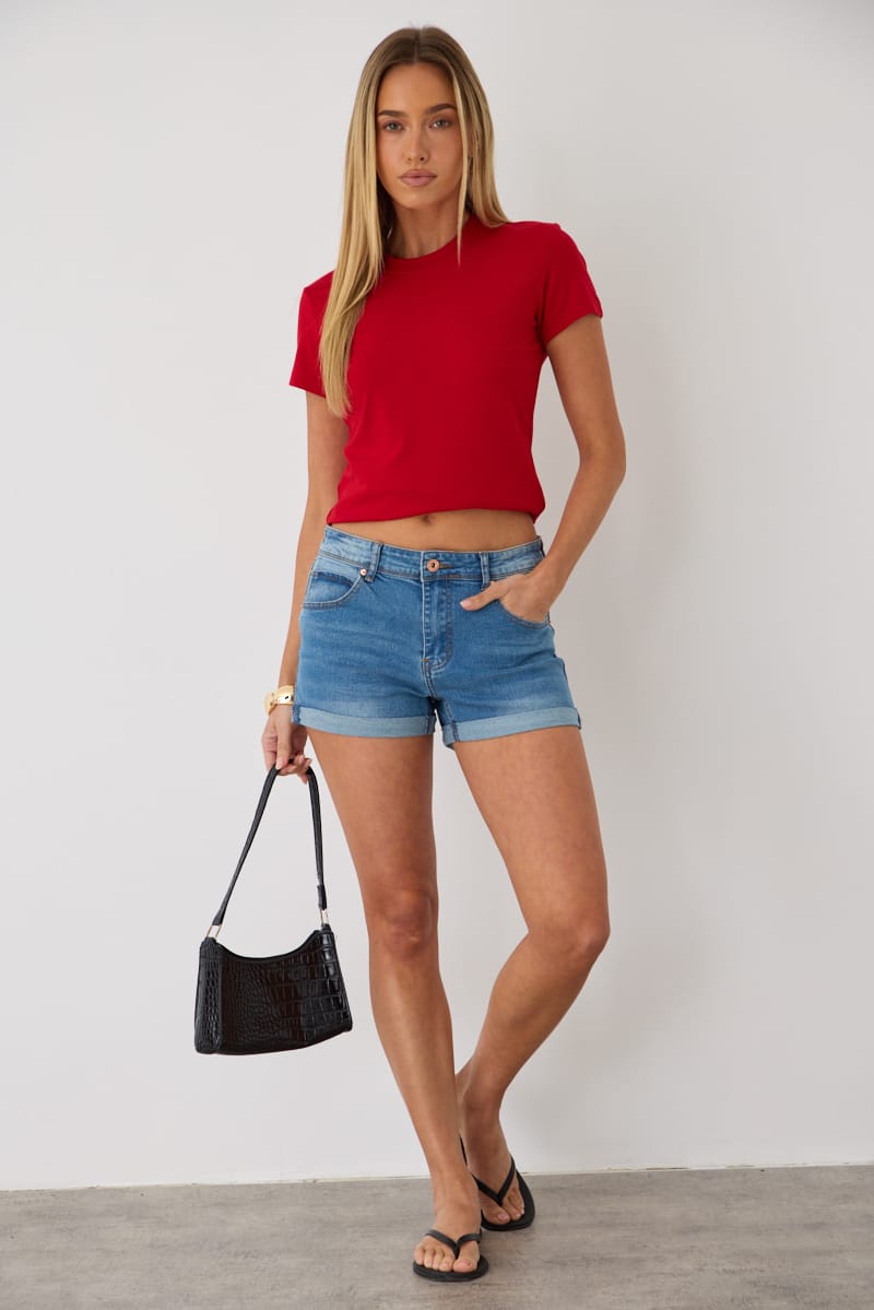 Denim Roll-up Shorts Mid Rise Stretch Denim for Ally Fashion