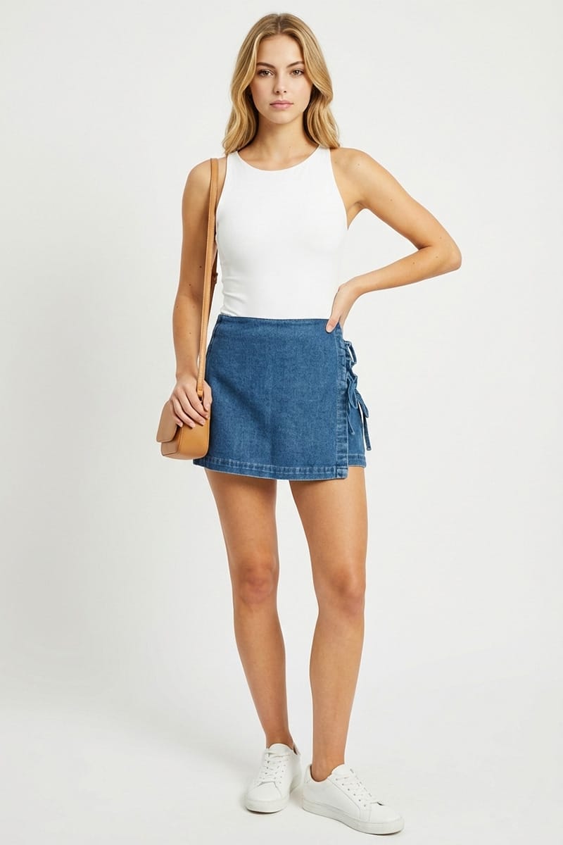 Denim Skort Lace Up High Rise for Ally Fashion