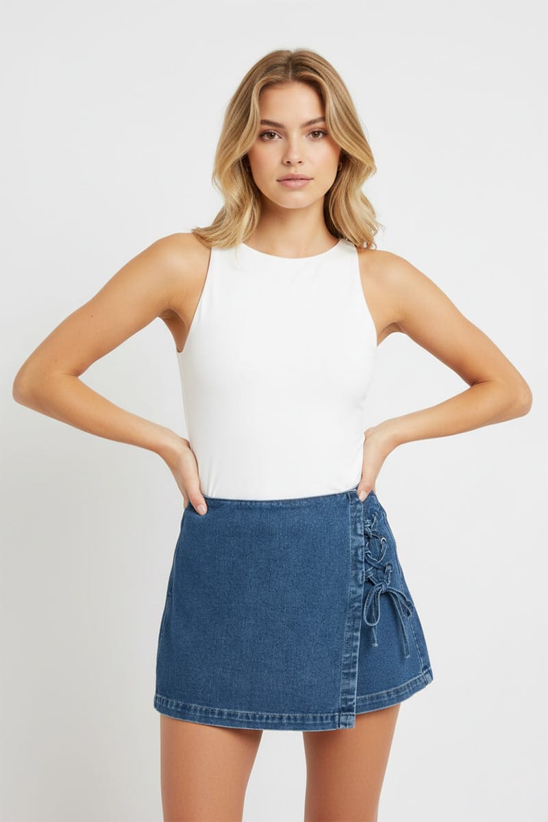 Denim Skort Lace Up High Rise for Ally Fashion