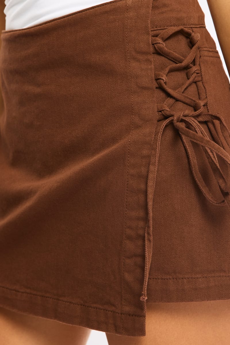 Brown Skorts Lace Up High Rise for Ally Fashion