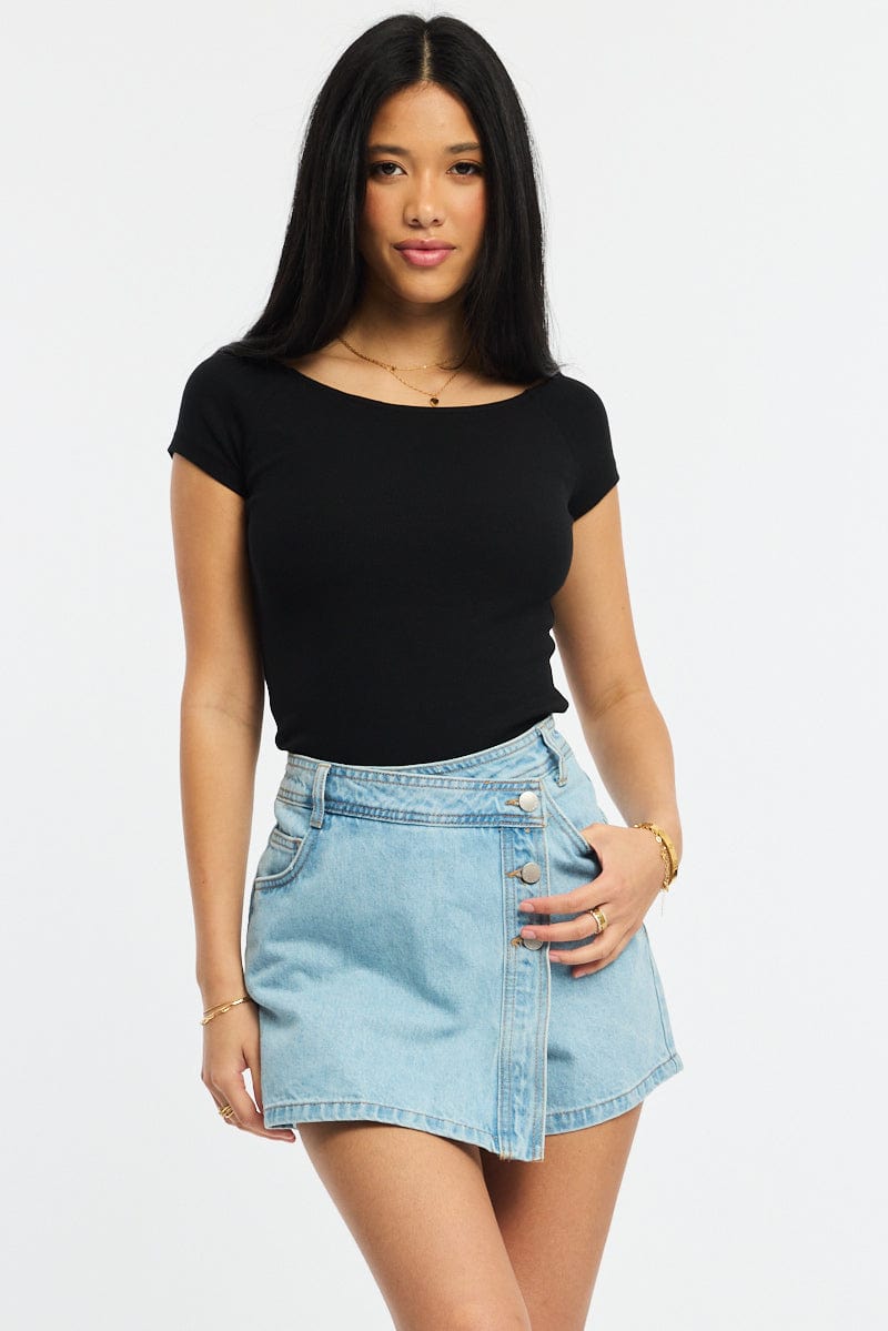 Denim Skorts Mid Rise Wrap for Ally Fashion