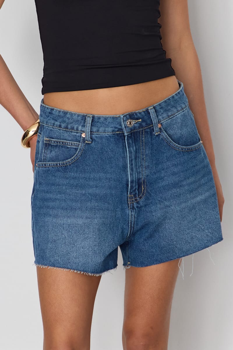 Denim Relaxed Shorts Mid Rise Mom Fit Raw Edge for Ally Fashion