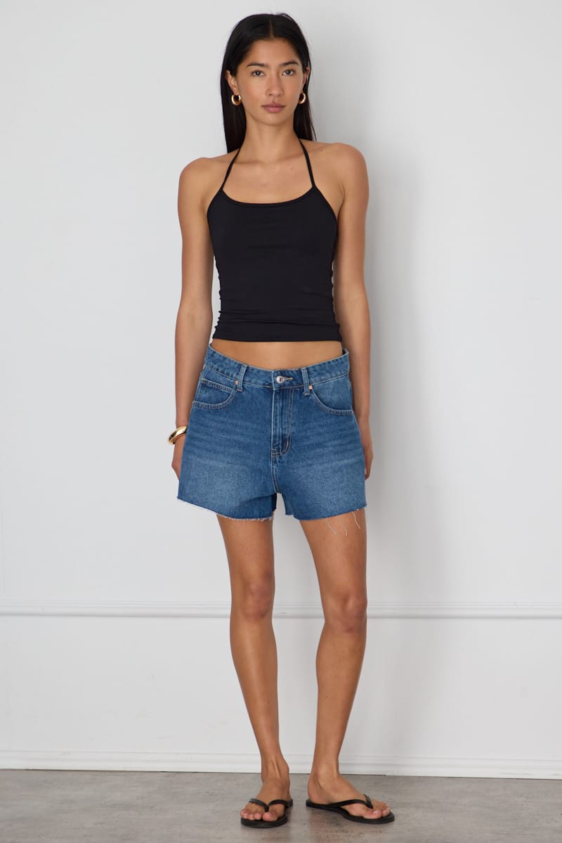 Denim Relaxed Shorts Mid Rise Mom Fit Raw Edge for Ally Fashion