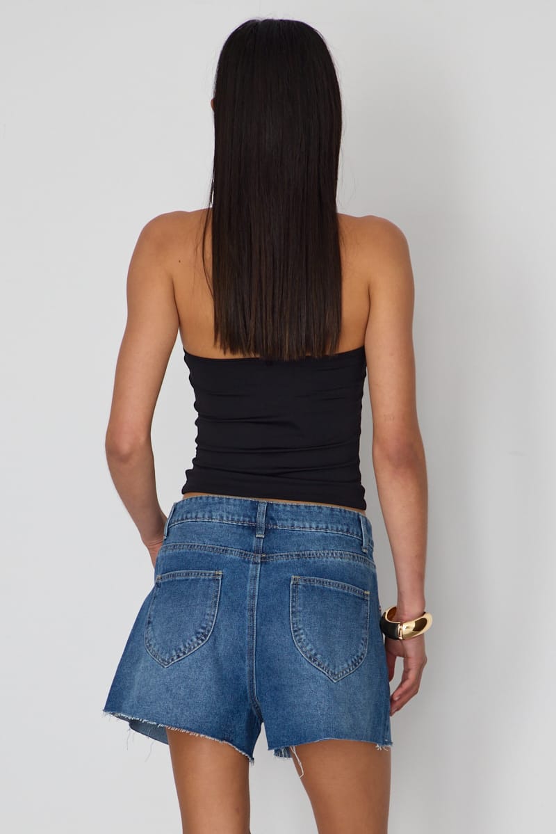 Denim Relaxed Shorts Mid Rise Mom Fit Raw Edge for Ally Fashion