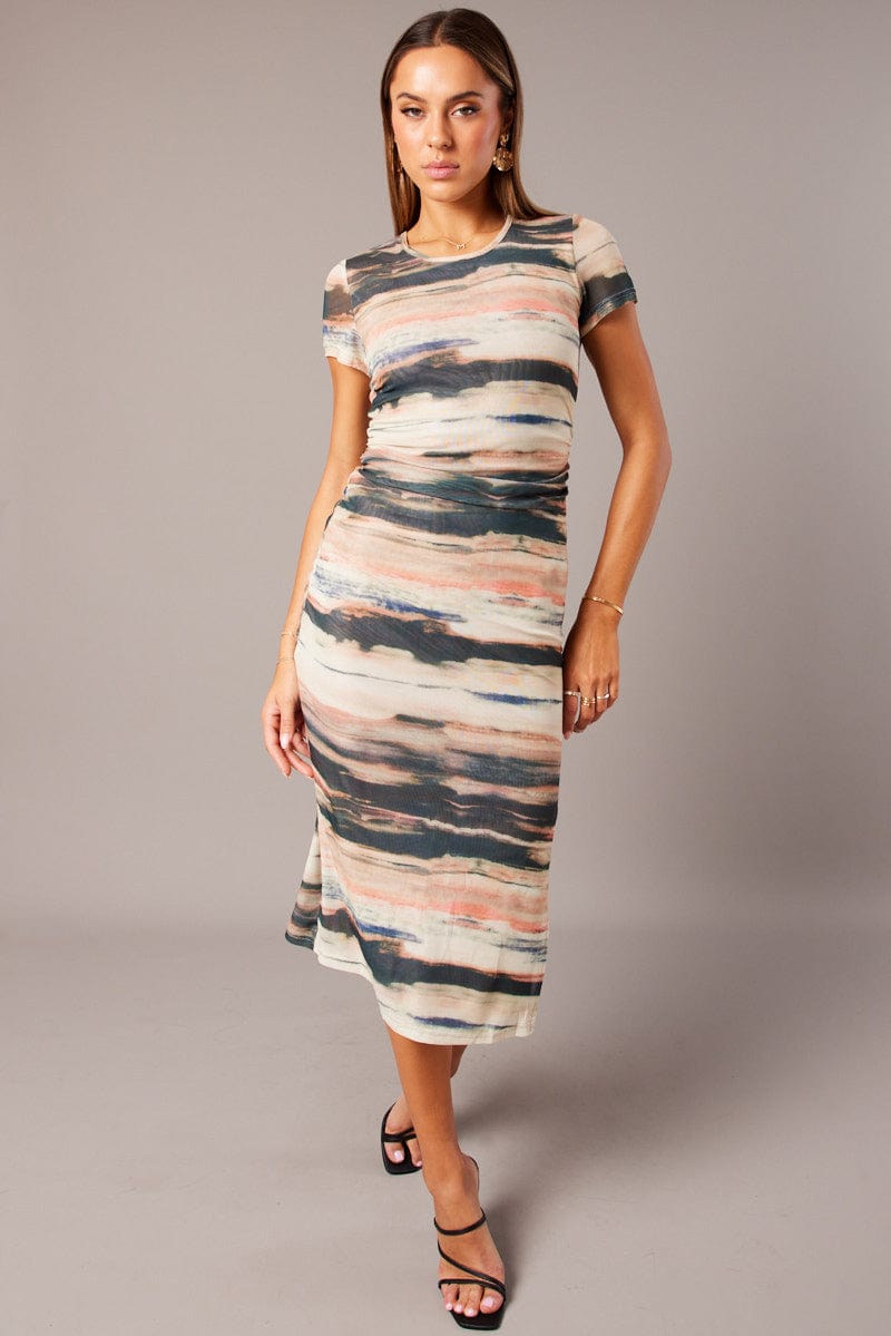 Brown Abstract Mesh Dress Short Sleeve | Ally Fashion Brown Abstract Mesh Dress Short Sleeve | Ally Fashion