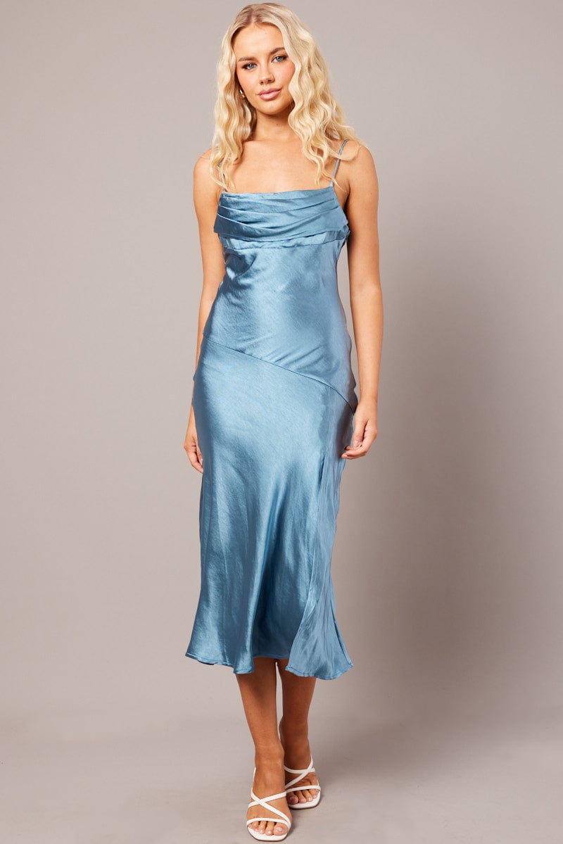 Blue Satin Dress Cocktail Split Side Strappy for Ally Fashion