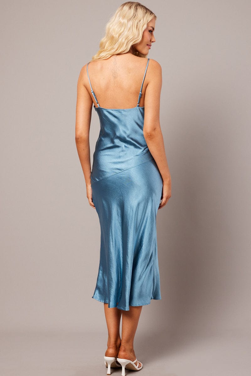 Blue Satin Dress Cocktail Split Side Strappy for Ally Fashion
