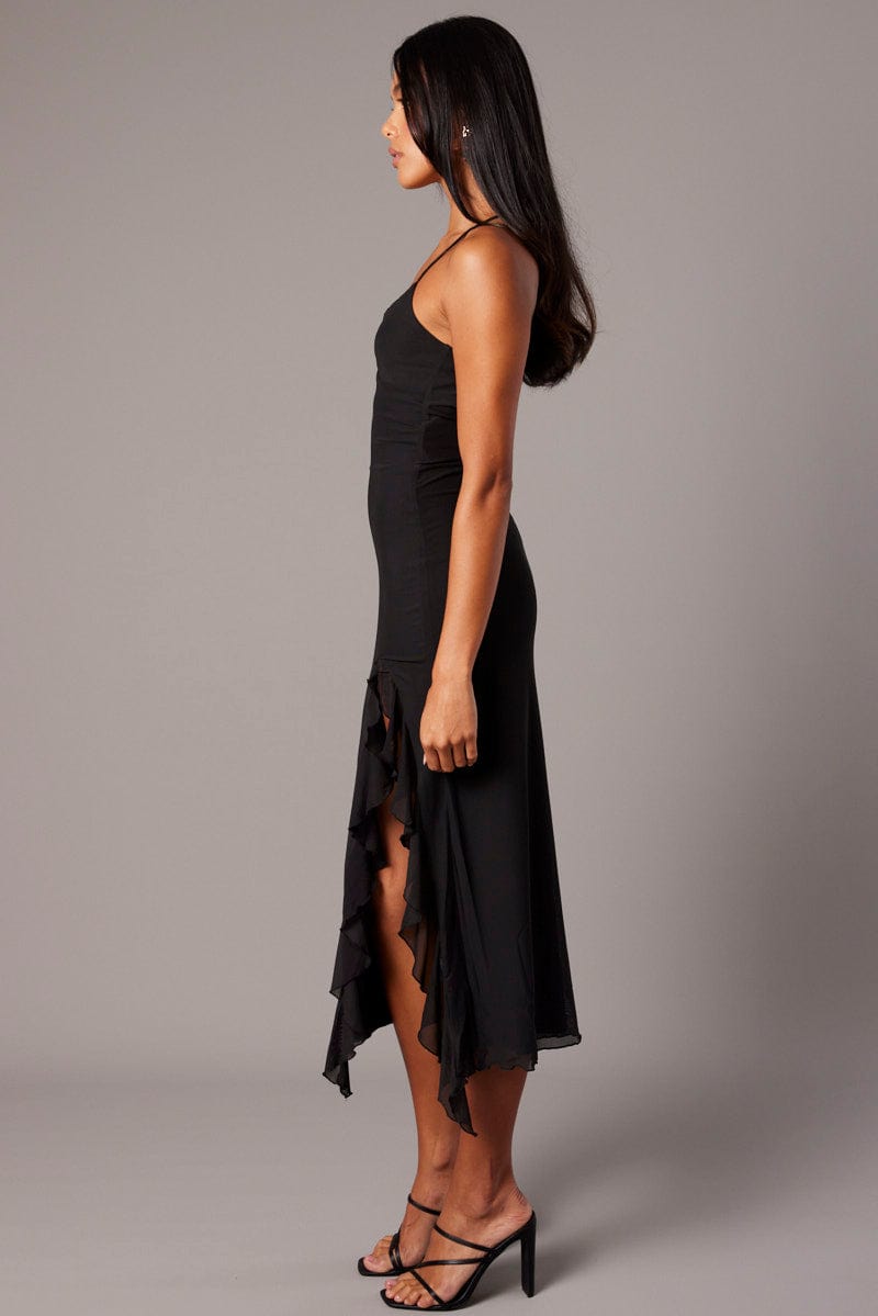 Black Bodycon Dress Sleeveless Ruffle Mesh for Ally Fashion