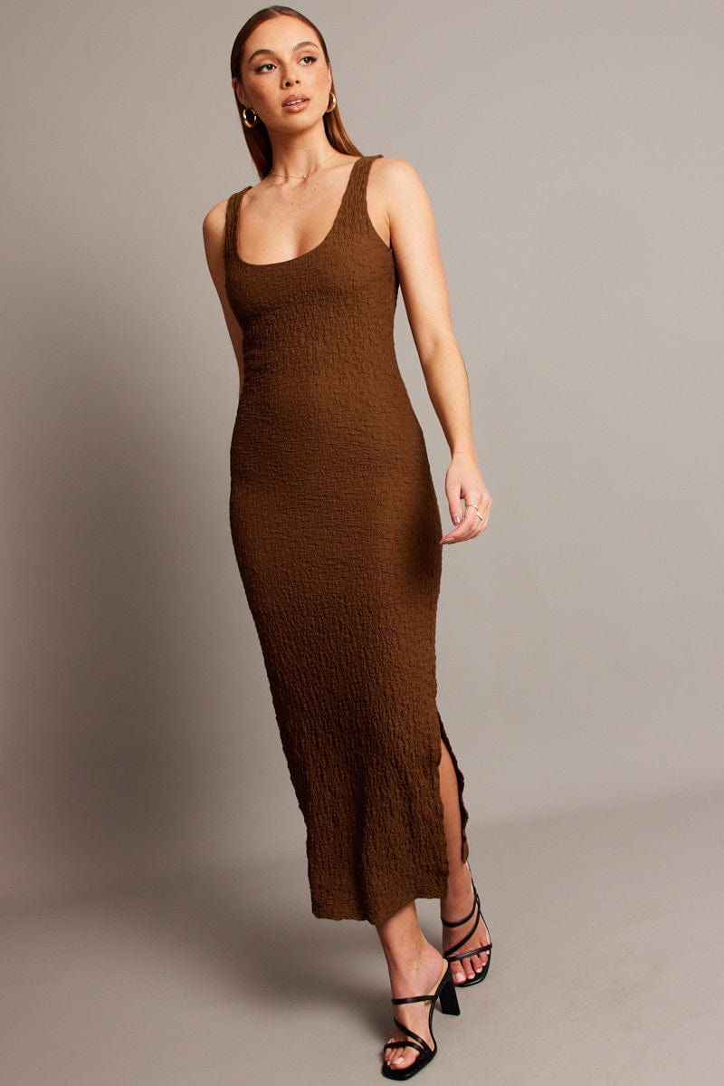 Brown Bodycon Dress Sleeveless Textured for Ally Fashion