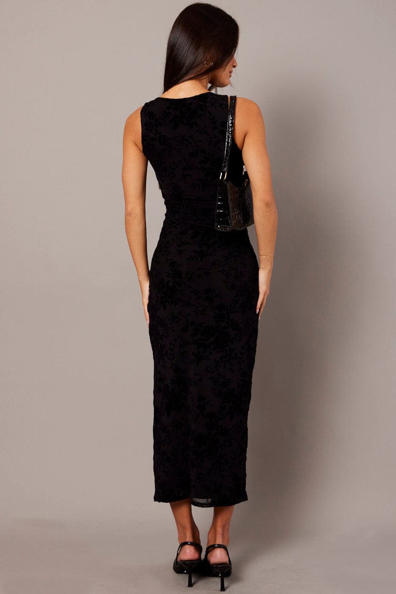 Black Bodycon Dress Round Neck Sleeveless Burnout for Ally Fashion