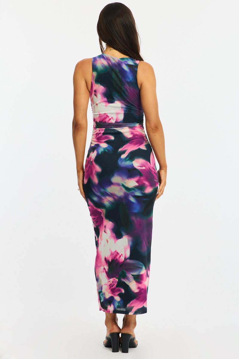 Purple Floral Bodycon Dress Sleeveless Mesh for Ally Fashion