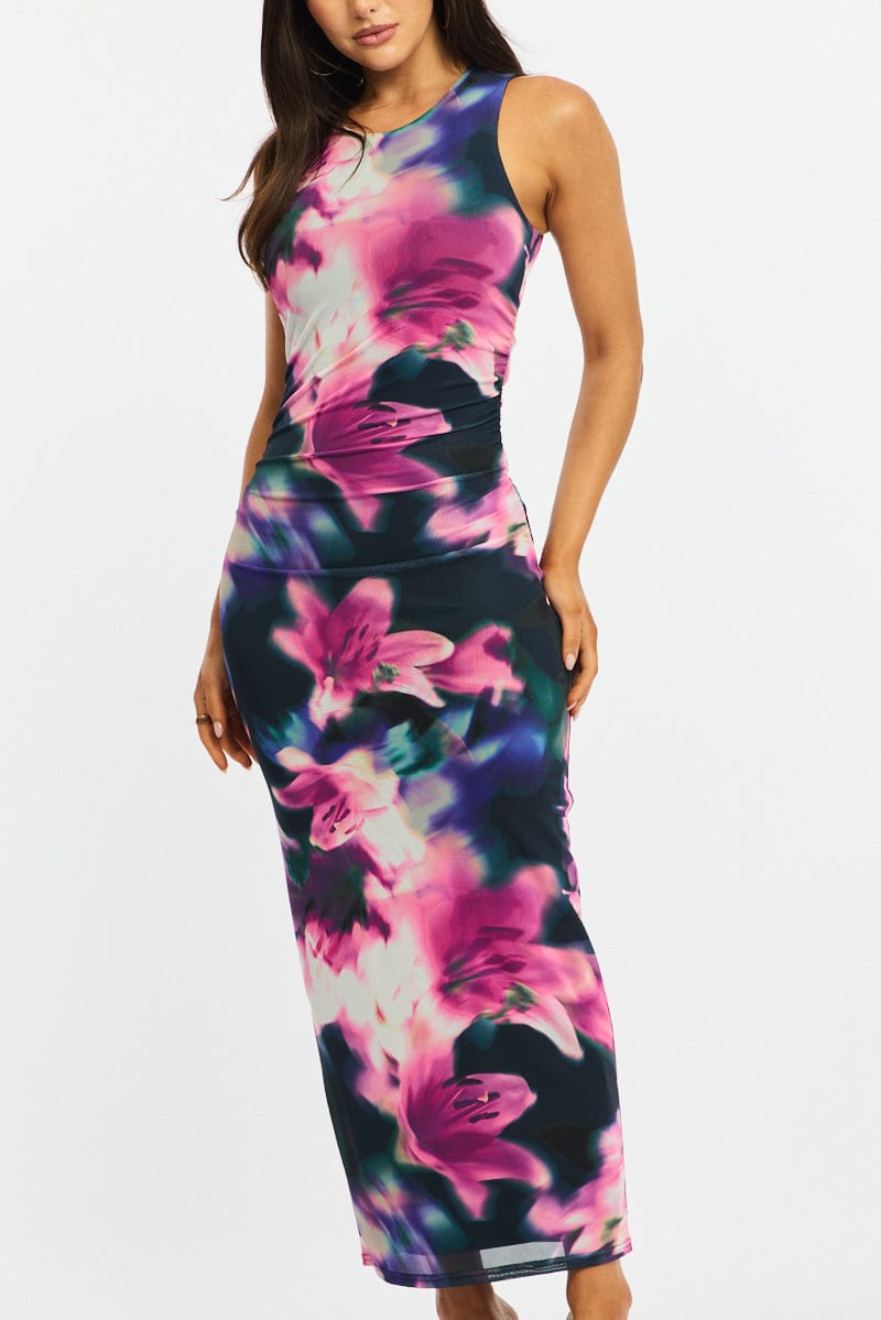 Purple Floral Bodycon Dress Sleeveless Mesh for Ally Fashion