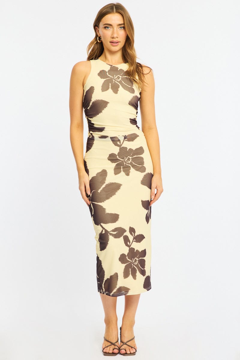 Yellow Floral Bodycon Dress Sleeveless Mesh for Ally Fashion