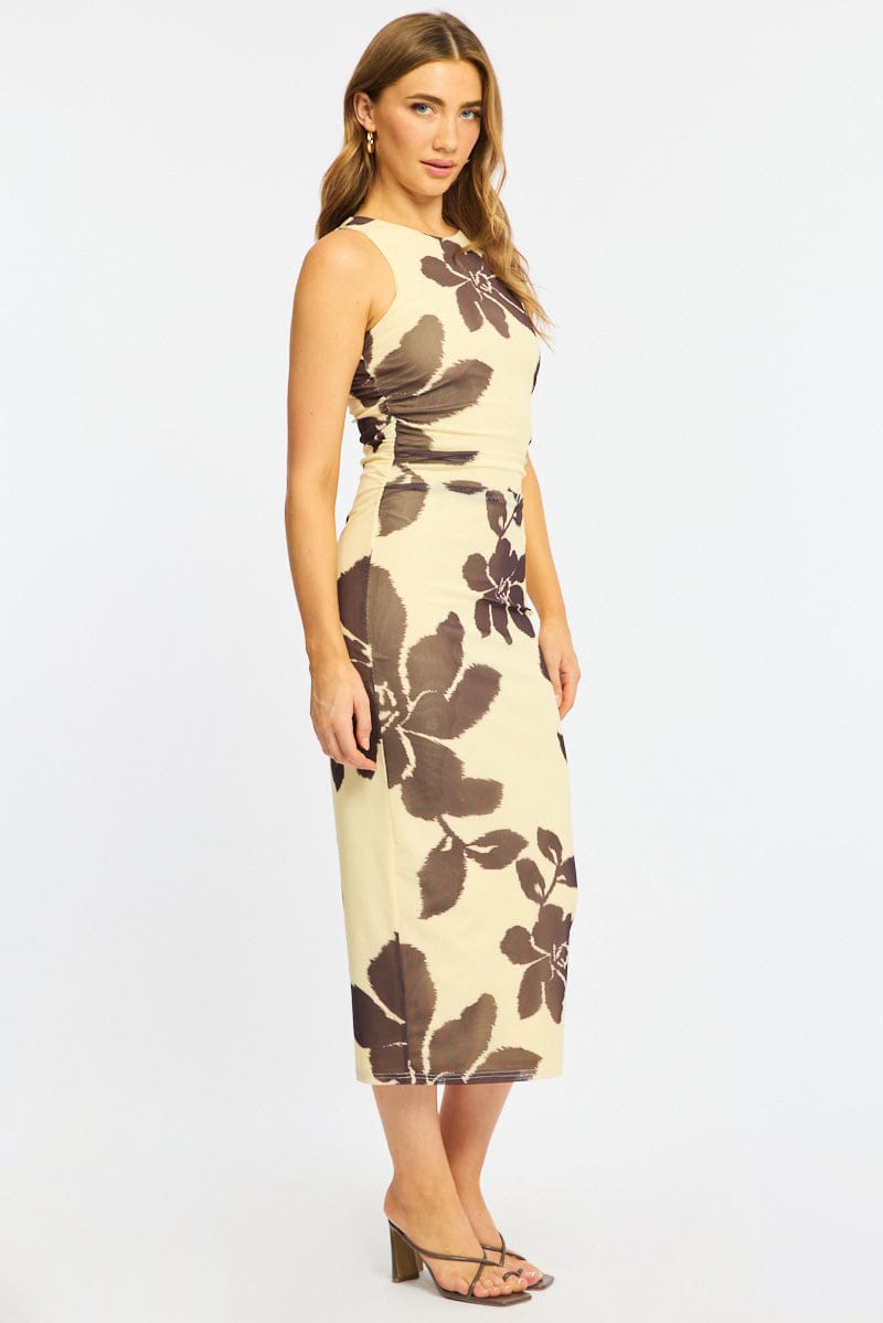 Yellow Floral Bodycon Dress Sleeveless Mesh for Ally Fashion