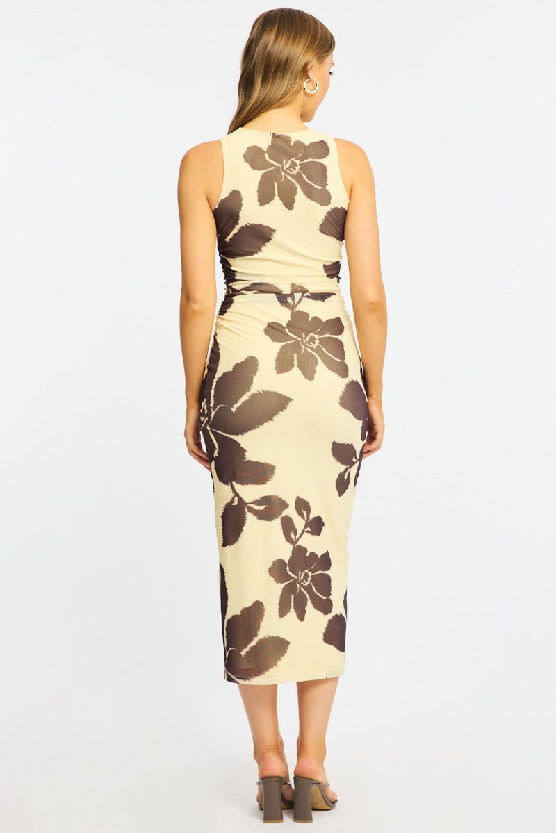 Yellow Floral Bodycon Dress Sleeveless Mesh for Ally Fashion