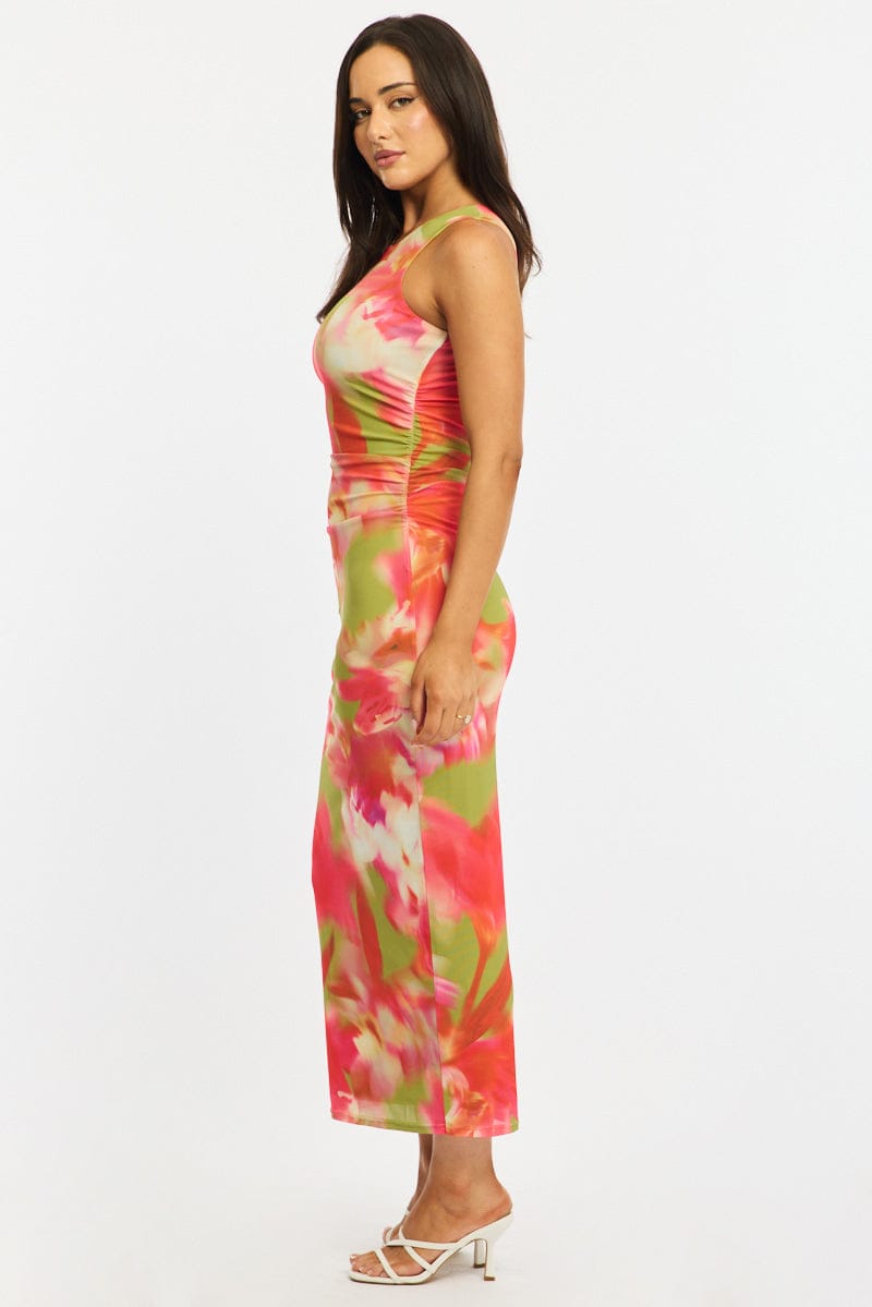 Green Floral Bodycon Dress Sleeveless Mesh for Ally Fashion