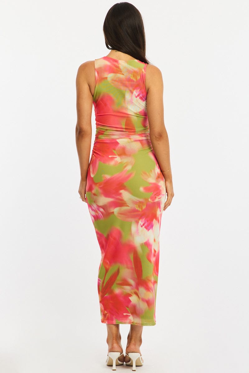 Green Floral Bodycon Dress Sleeveless Mesh for Ally Fashion