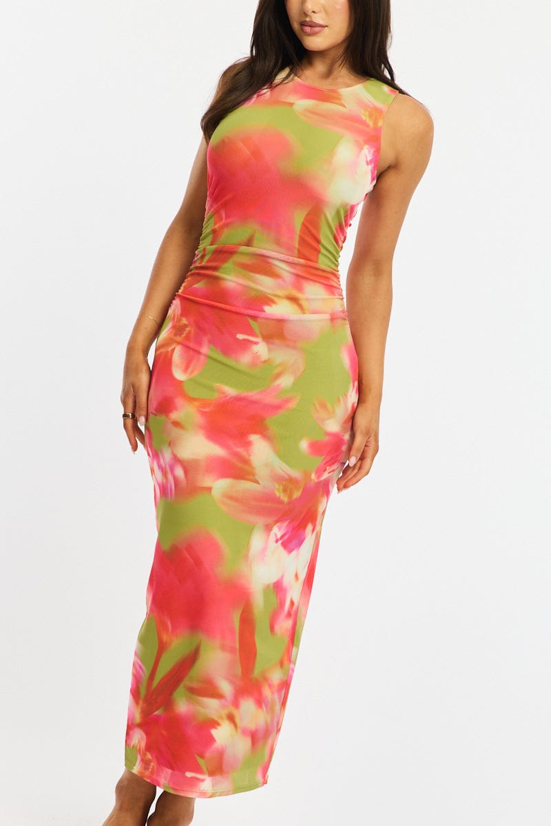 Green Floral Bodycon Dress Sleeveless Mesh for Ally Fashion