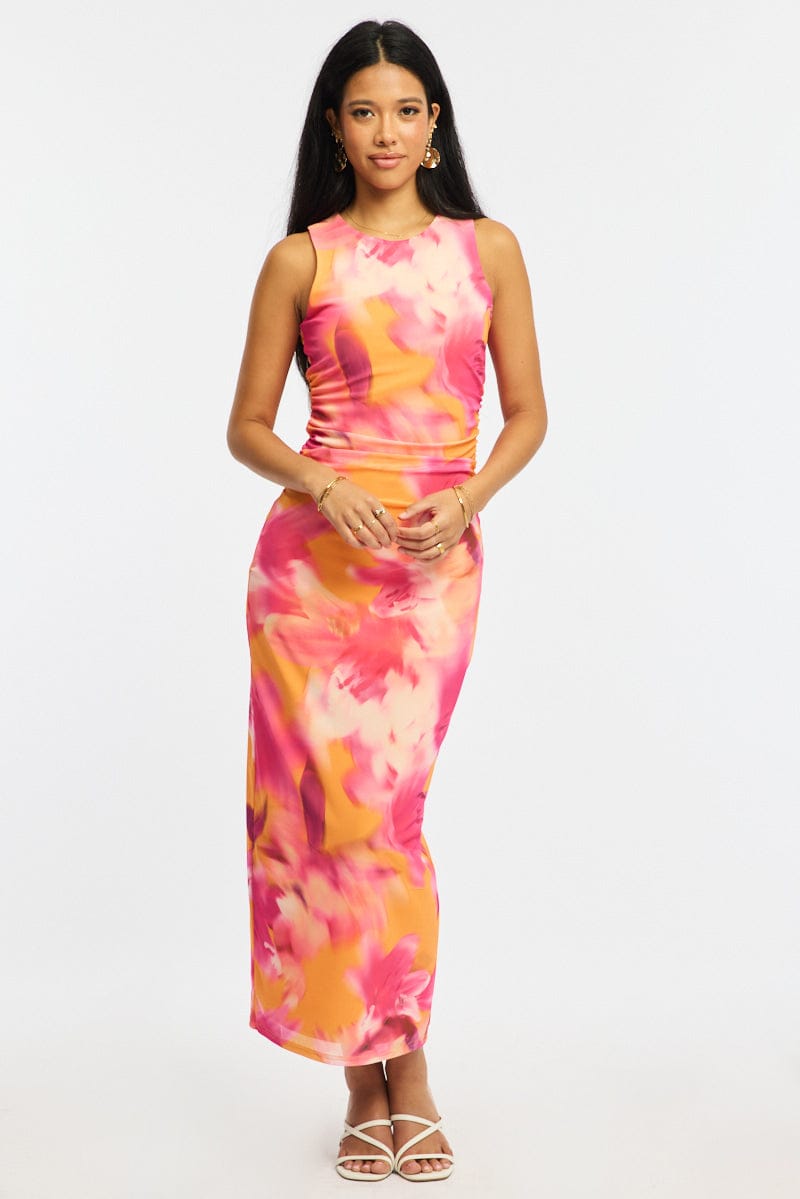 Orange Floral Bodycon Dress Sleeveless Mesh for Ally Fashion