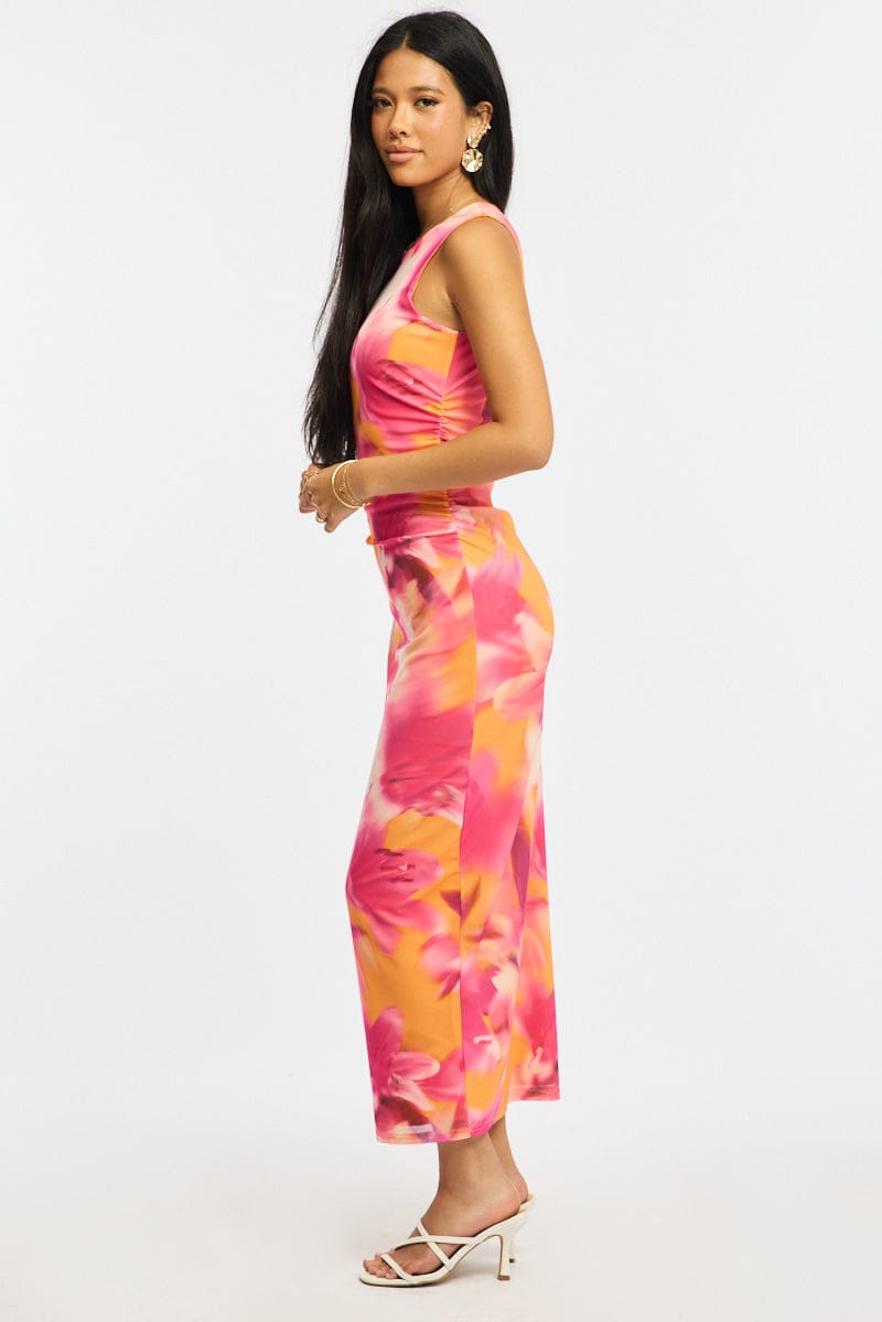 Orange Floral Bodycon Dress Sleeveless Mesh for Ally Fashion