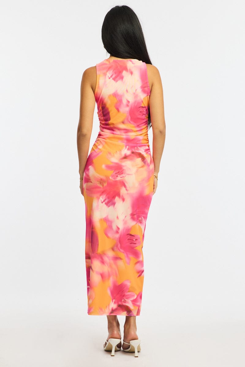 Orange Floral Bodycon Dress Sleeveless Mesh for Ally Fashion