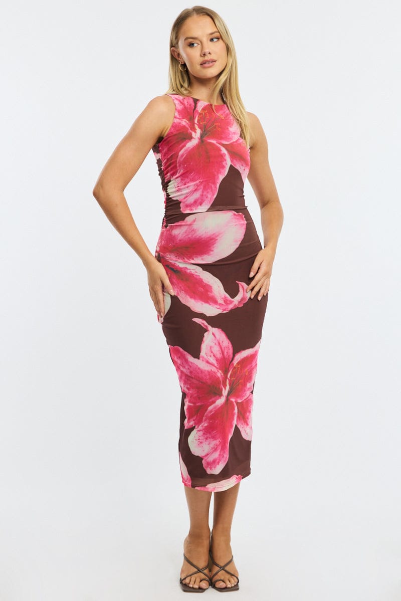 Brown Floral Bodycon Dress Sleeveless Mesh for Ally Fashion
