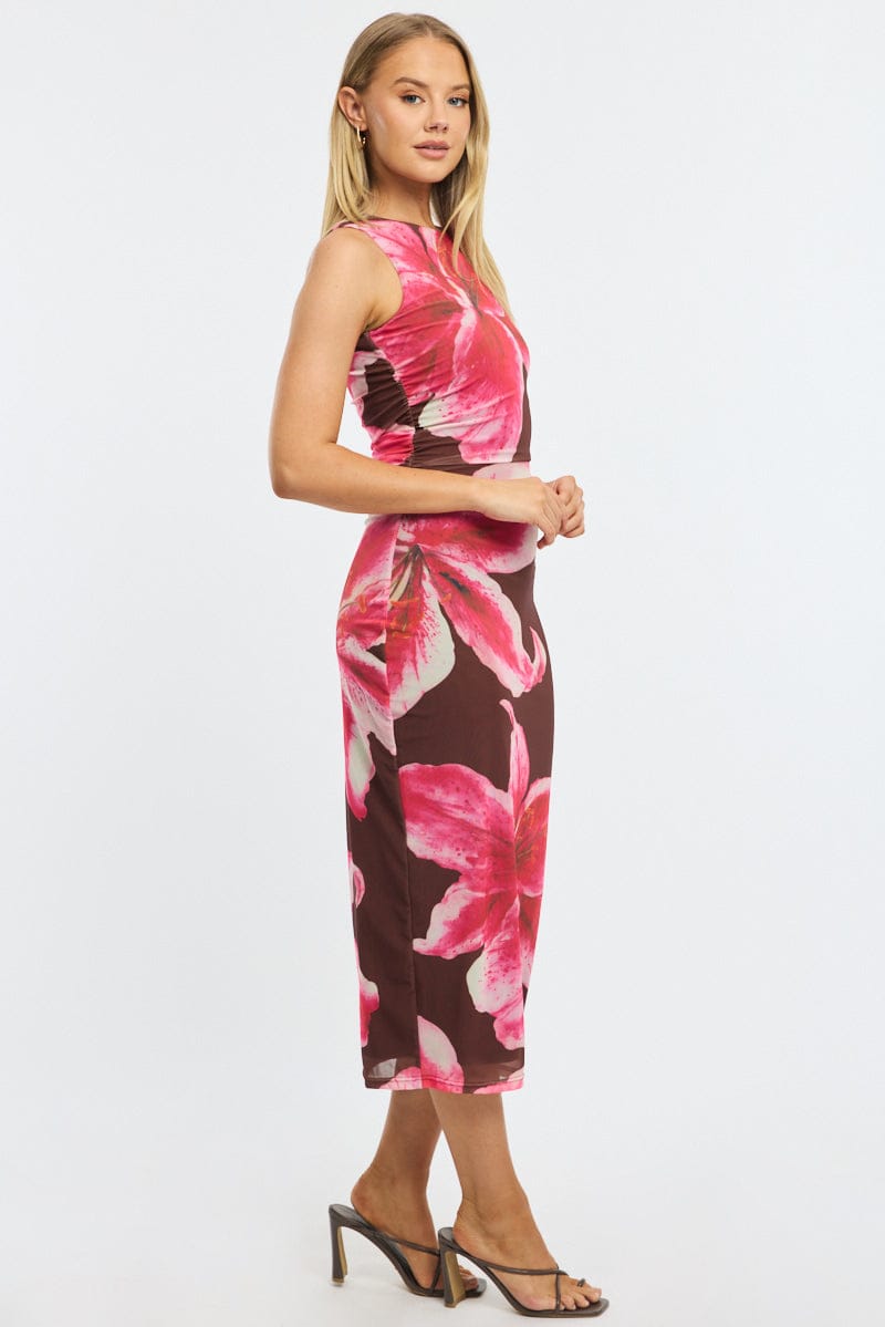 Brown Floral Bodycon Dress Sleeveless Mesh for Ally Fashion