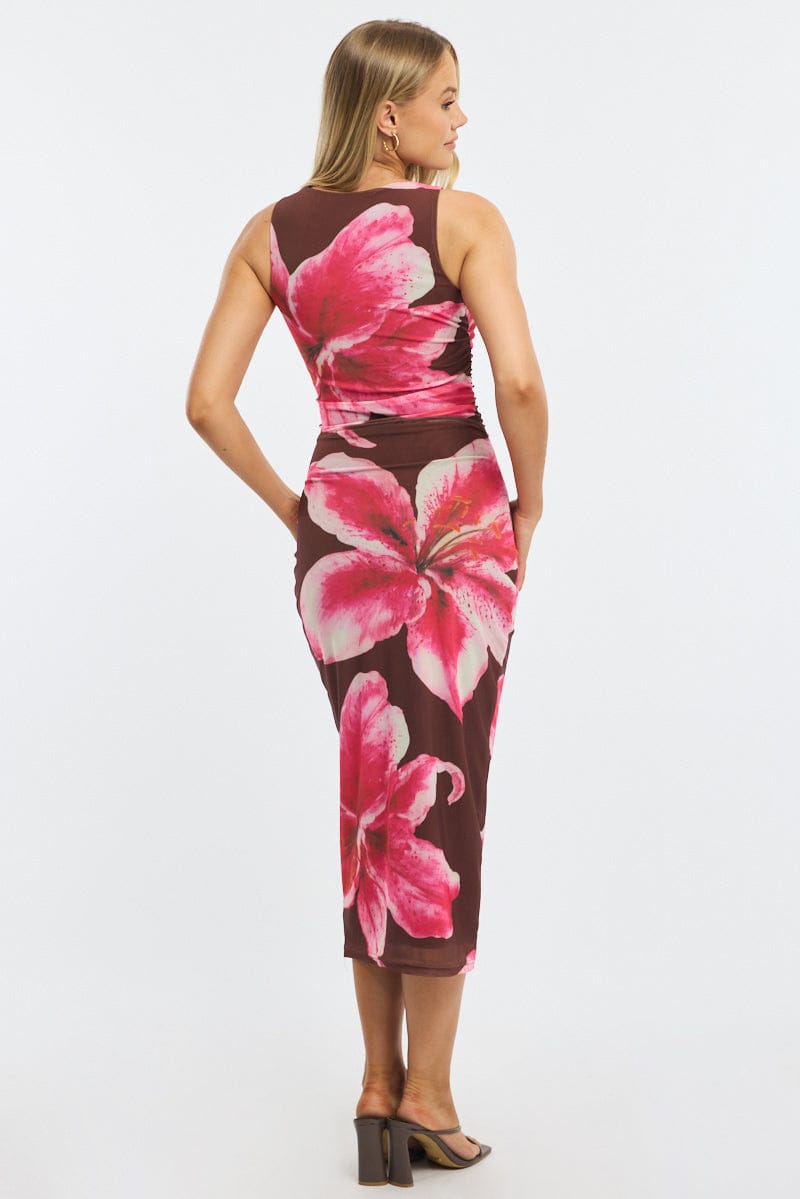 Brown Floral Bodycon Dress Sleeveless Mesh for Ally Fashion