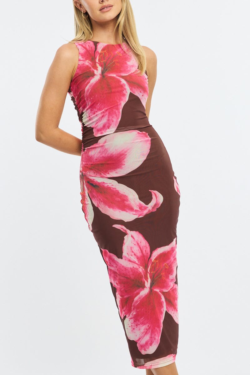 Brown Floral Bodycon Dress Sleeveless Mesh for Ally Fashion