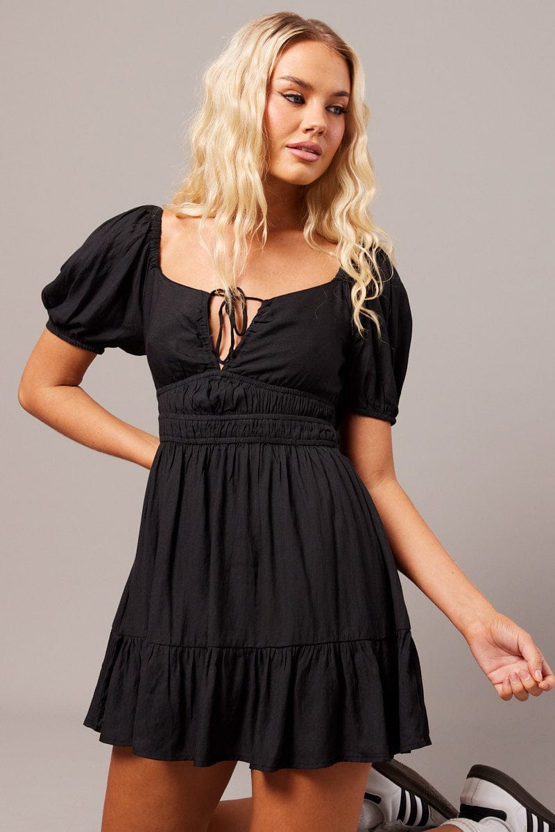 Black Fit And Flare Dress Puff Sleeve Mini for Ally Fashion