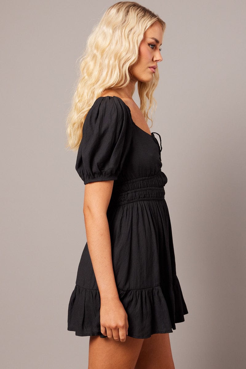 Black Fit And Flare Dress Puff Sleeve Mini for Ally Fashion