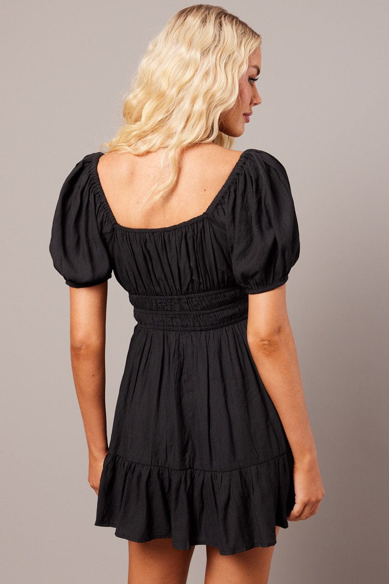 Black Fit And Flare Dress Puff Sleeve Mini for Ally Fashion