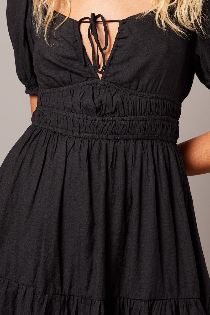 Black Fit And Flare Dress Puff Sleeve Mini for Ally Fashion