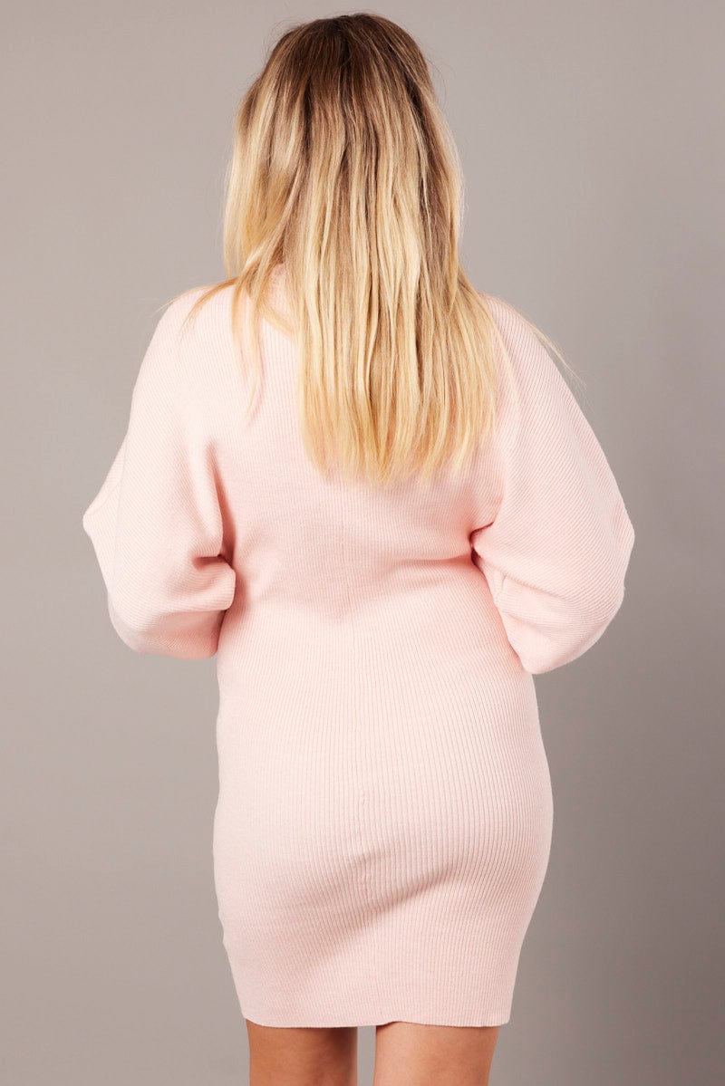 Pink Knit Dress Long Sleeve Mini for Ally Fashion
