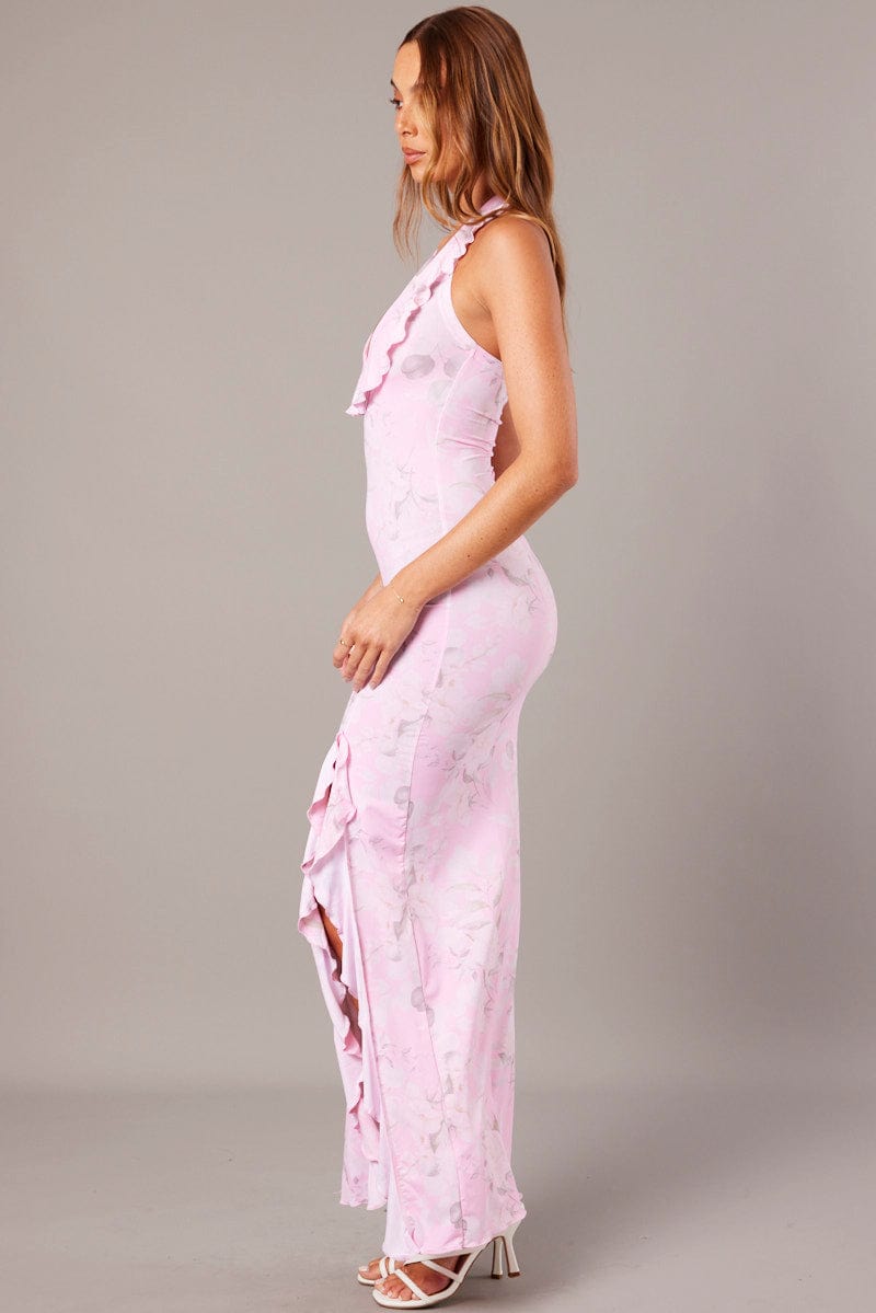 Pink Floral Ruffle Maxi Dress Halter Thigh Split Dress for Ally Fashion