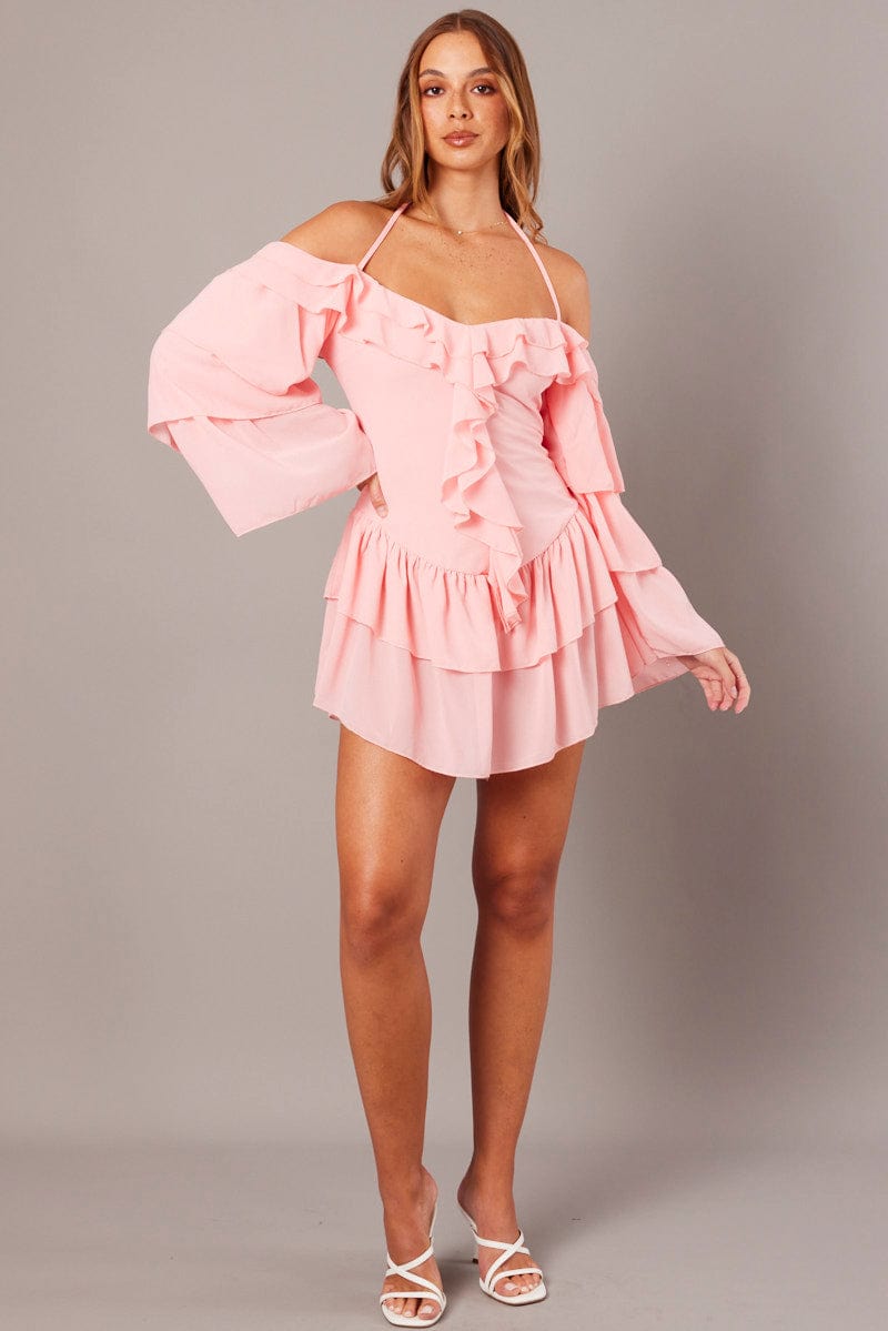 Pink Ruffle Dress Bardot Layered Frill Sleeve Dress for Ally Fashion