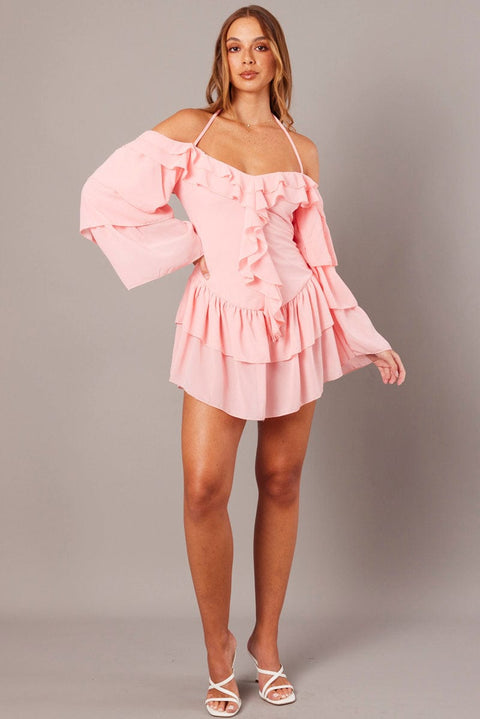 dusty pink bardot lace frill sleeve midi dress Bardot Louisa exclusive cami floral mesh midi dress in light pink