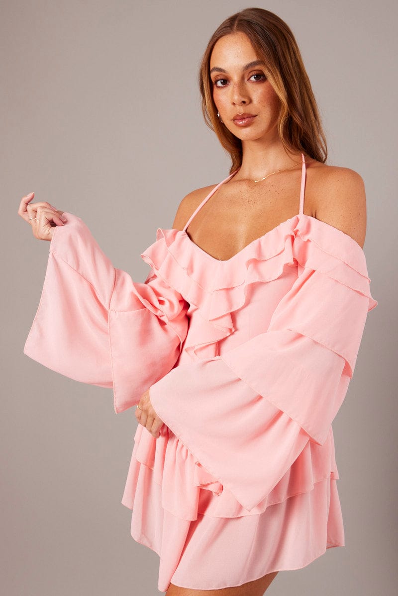Pink Ruffle Dress Bardot Layered Frill Sleeve Dress for Ally Fashion