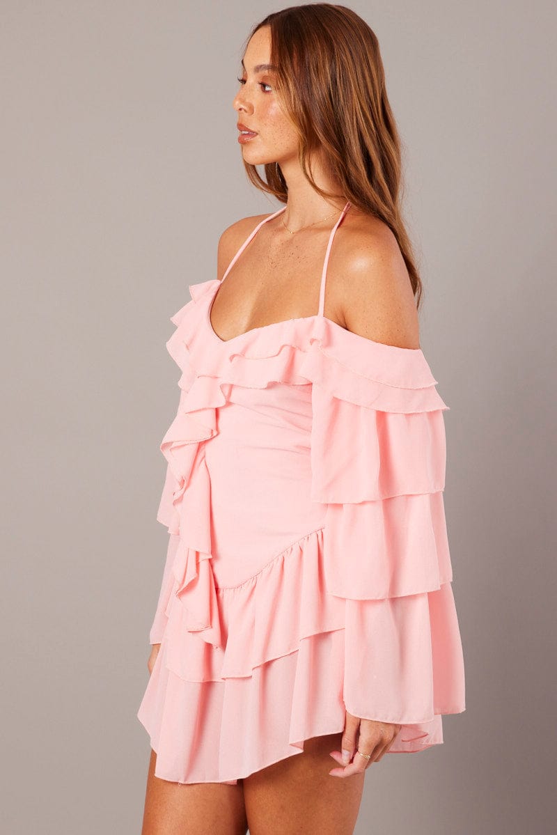 Pink Ruffle Dress Bardot Layered Frill Sleeve Dress for Ally Fashion