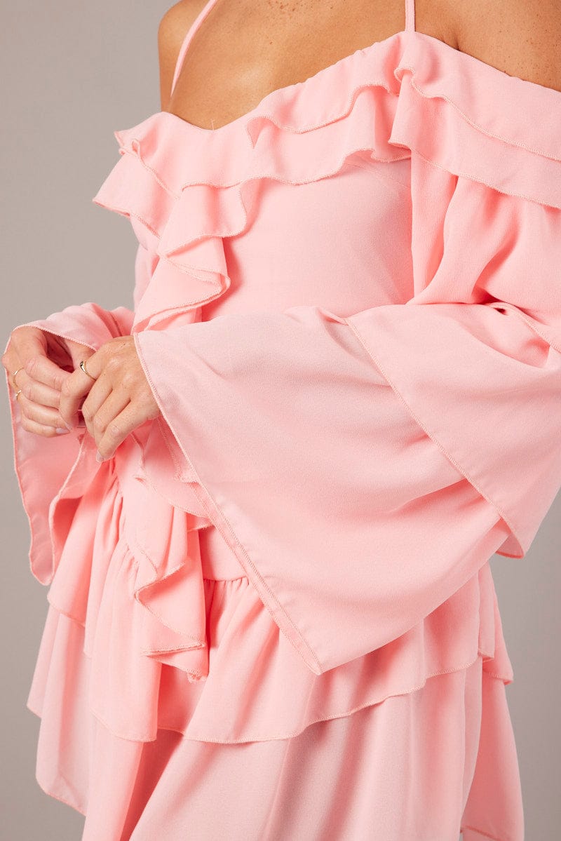 Pink Ruffle Dress Bardot Layered Frill Sleeve Dress for Ally Fashion