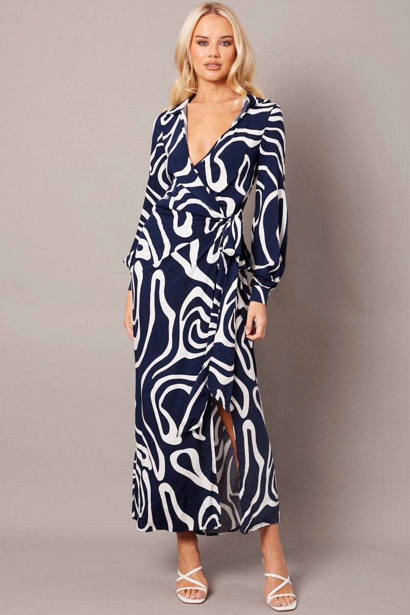 Blue Abstract Wrap Maxi Dress Shirt Dress for Ally Fashion