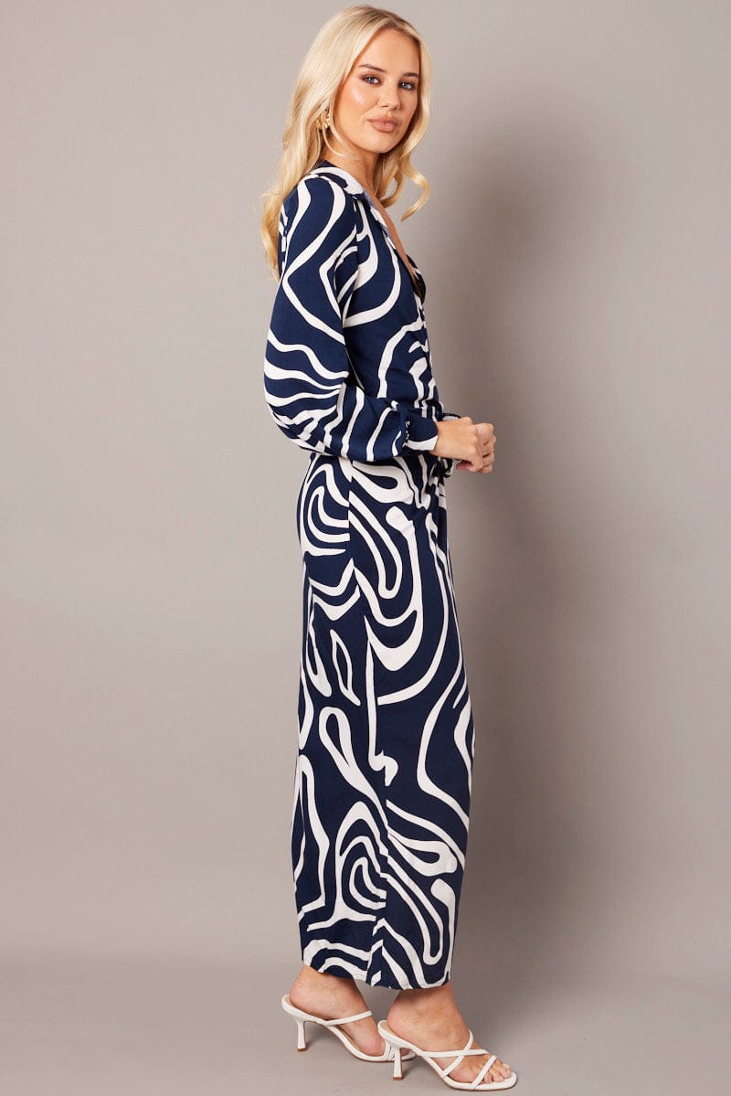 Blue Abstract Wrap Maxi Dress Shirt Dress for Ally Fashion