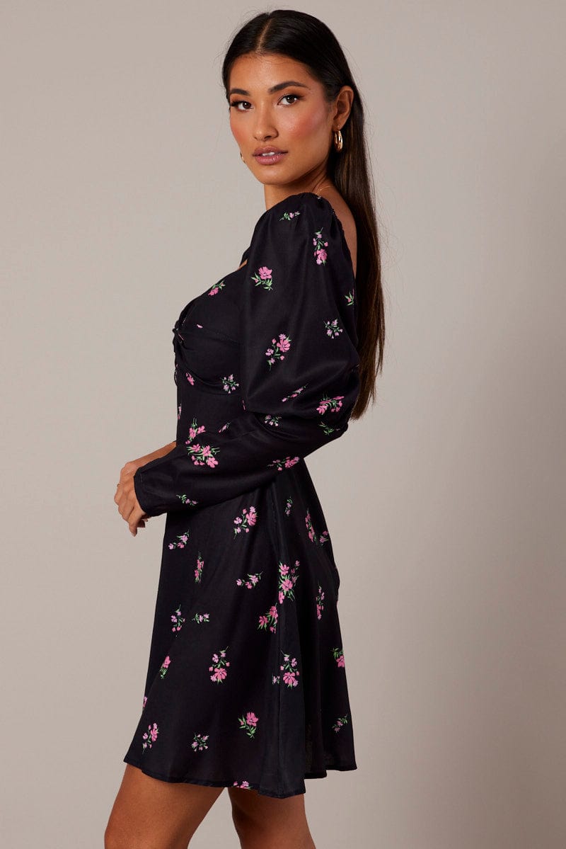 Black Floral Skater Dress Puff Sleeve Dress Swishy for Ally Fashion