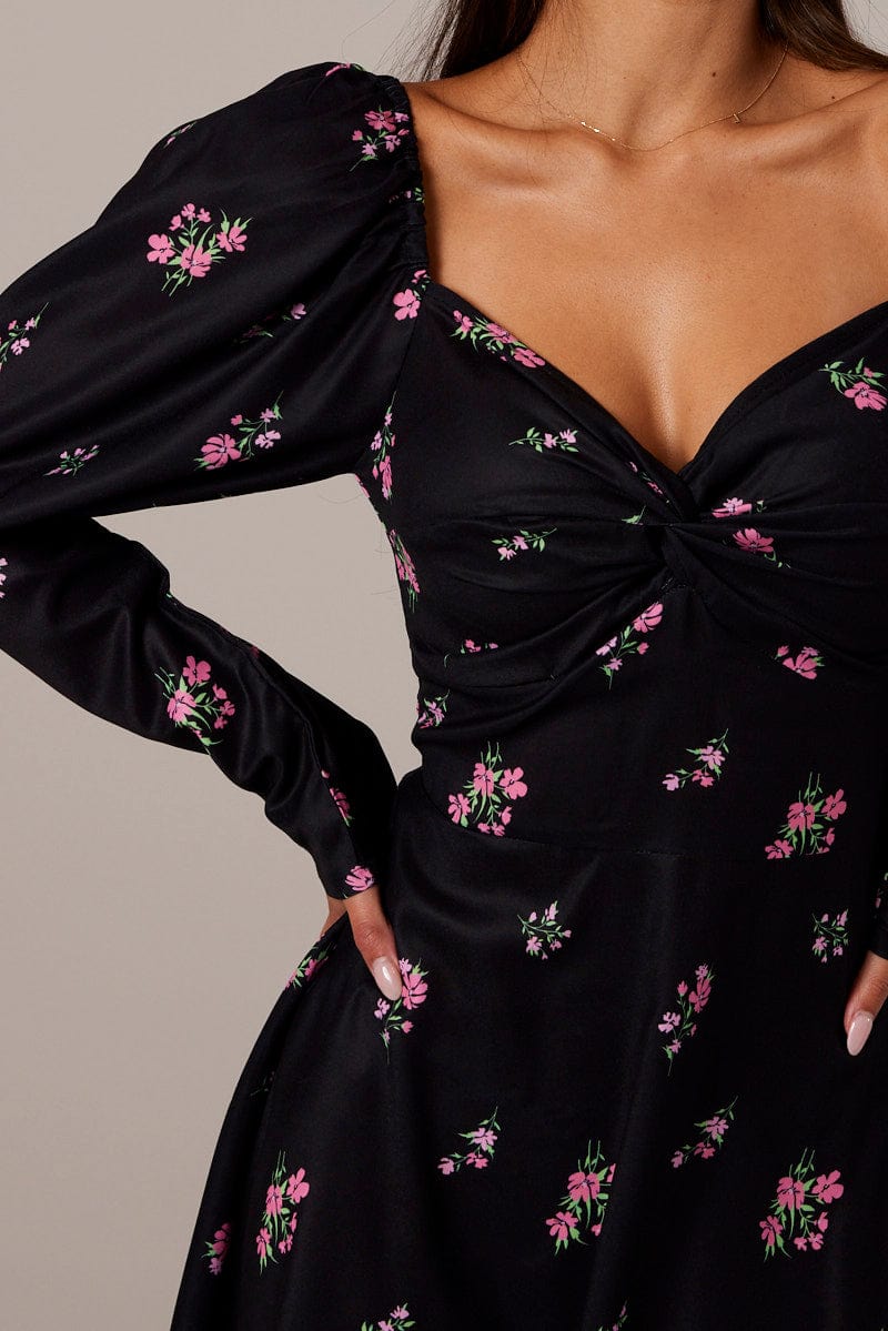 Black Floral Skater Dress Puff Sleeve Dress Swishy for Ally Fashion