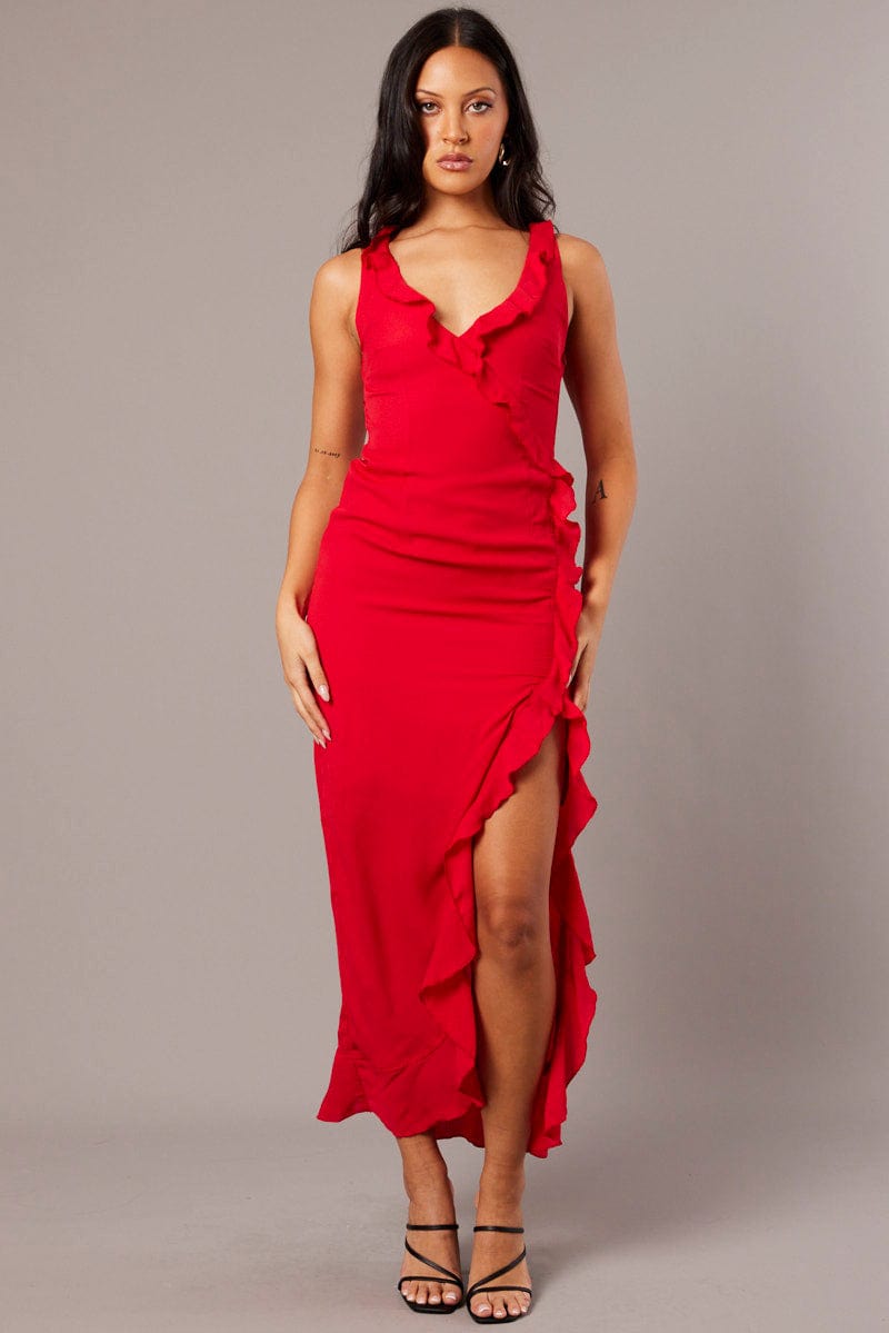 Red Ruffle Dress Wrap Midi Chiffon for Ally Fashion